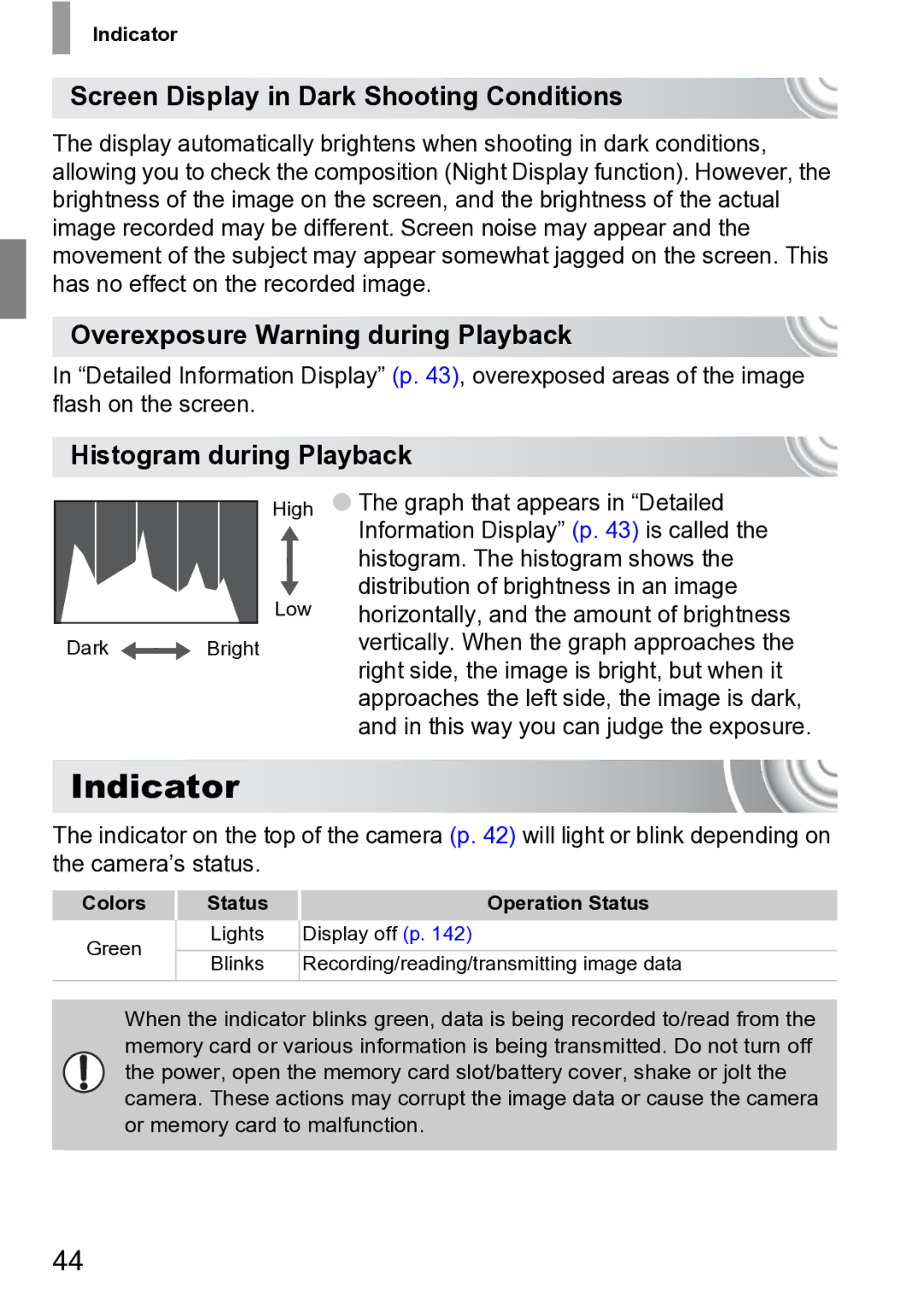 Canon 210 manual Indicator, Screen Display in Dark Shooting Conditions, Overexposure Warning during Playback 