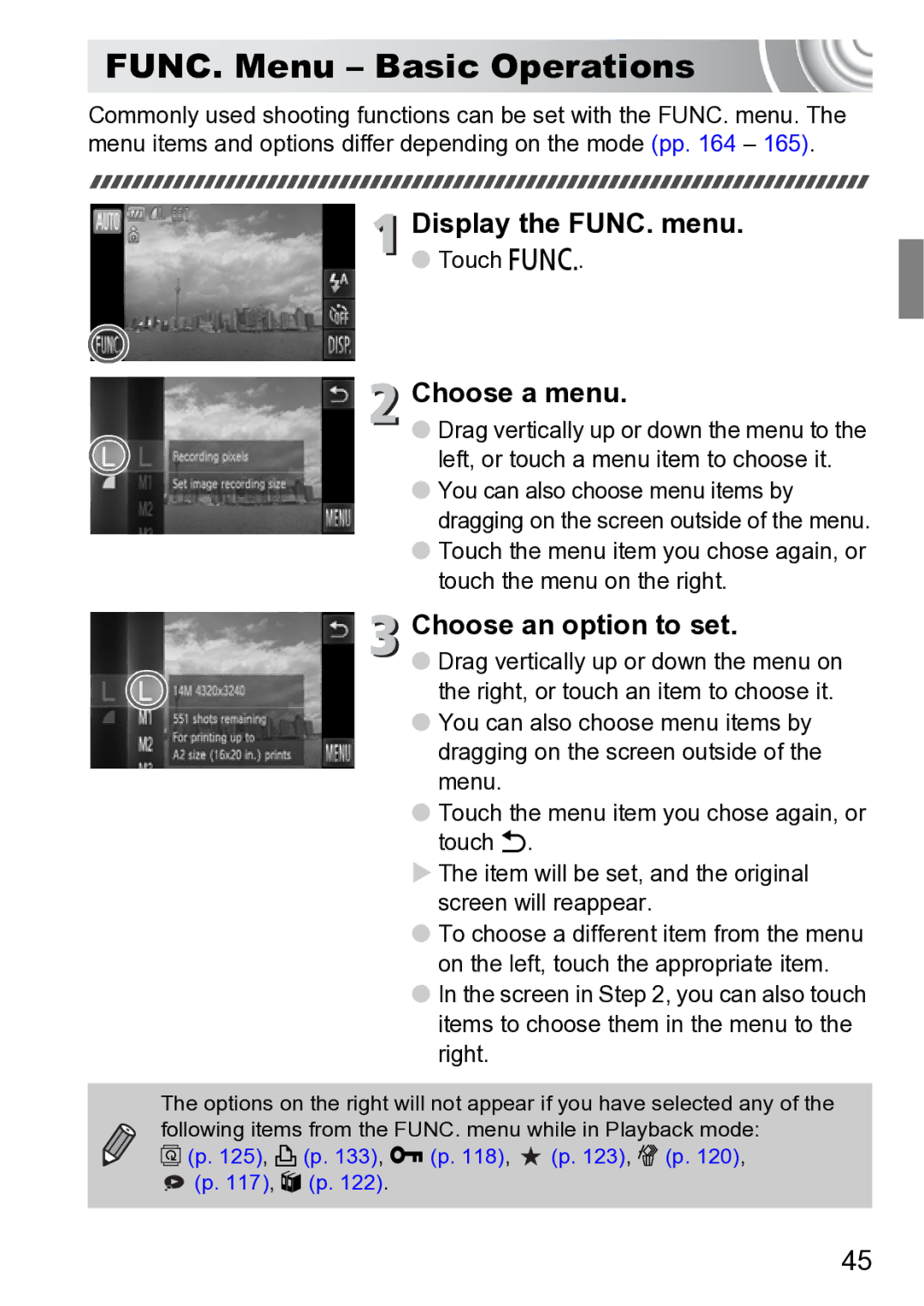 Canon 210 manual FUNC. Menu Basic Operations, Display the FUNC. menu, Choose a menu, Choose an option to set, Touch ø 