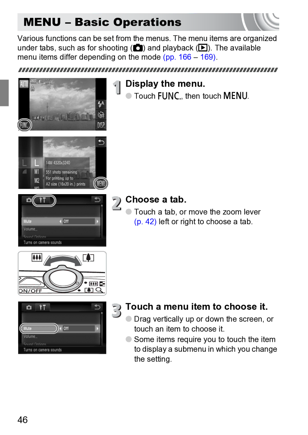 Canon 210 manual Menu Basic Operations, Choose a tab, Touch a menu item to choose it 