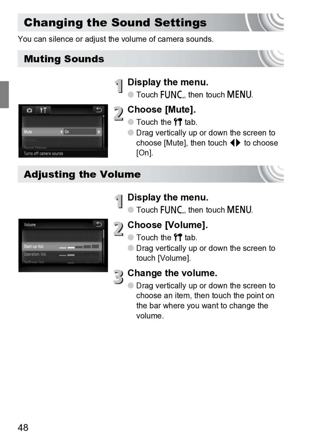 Canon 210 manual Changing the Sound Settings, Muting Sounds, Adjusting the Volume 