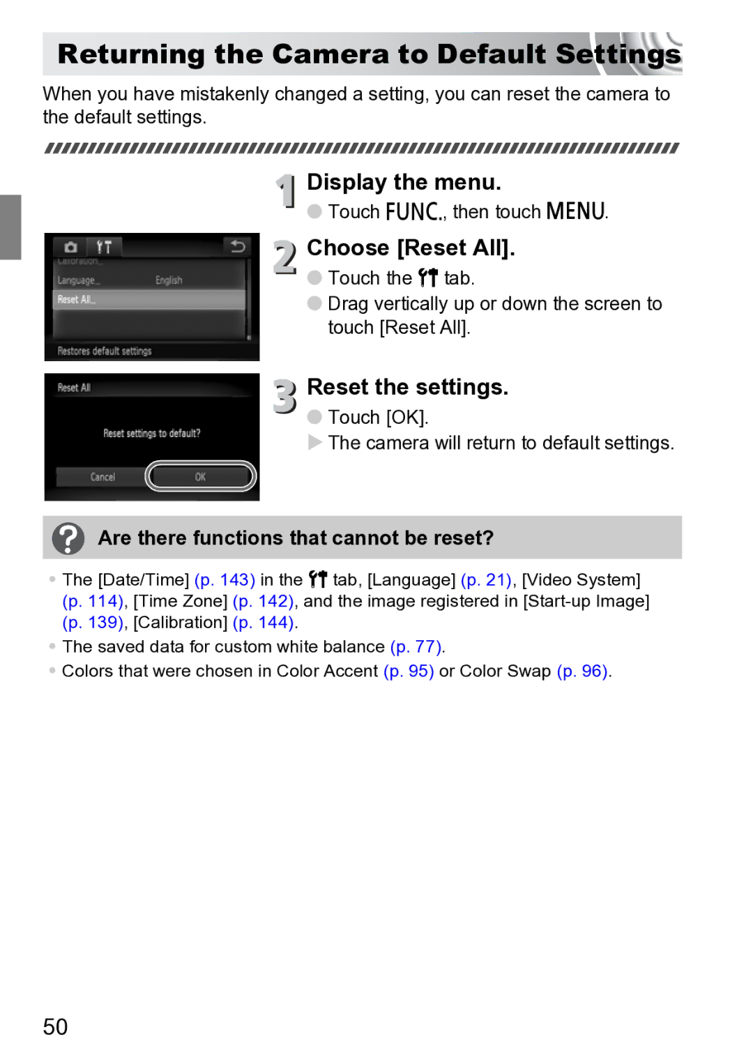 Canon 210 manual Returning the Camera to Default Settings, Choose Reset All, Reset the settings 