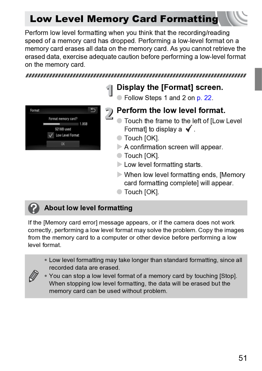 Canon 210 manual Low Level Memory Card Formatting, Display the Format screen, Perform the low level format 