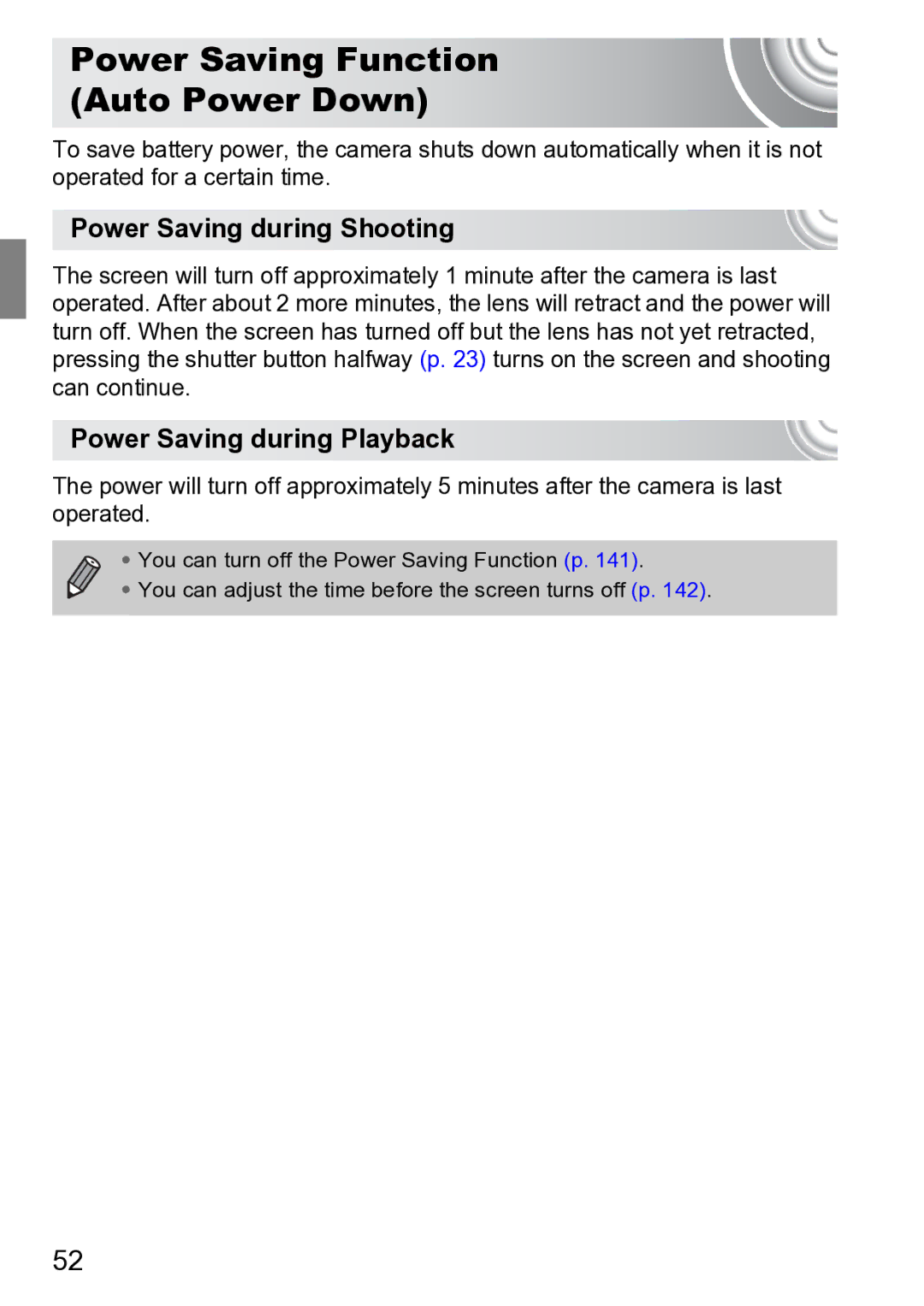 Canon 210 manual Power Saving Function Auto Power Down, Power Saving during Shooting, Power Saving during Playback 