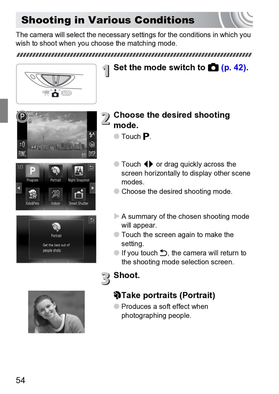 Canon 210 manual Shooting in Various Conditions, Set the mode switch to 4 p Choose the desired shooting mode 