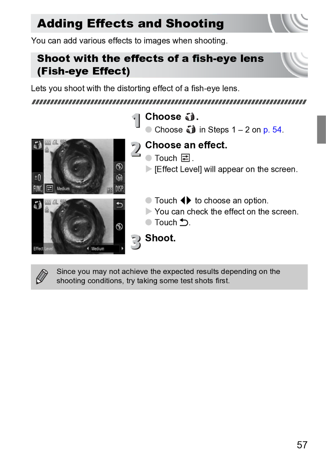 Canon 210 Adding Effects and Shooting, Shoot with the effects of a fish-eye lens Fish-eye Effect, Choose an effect 