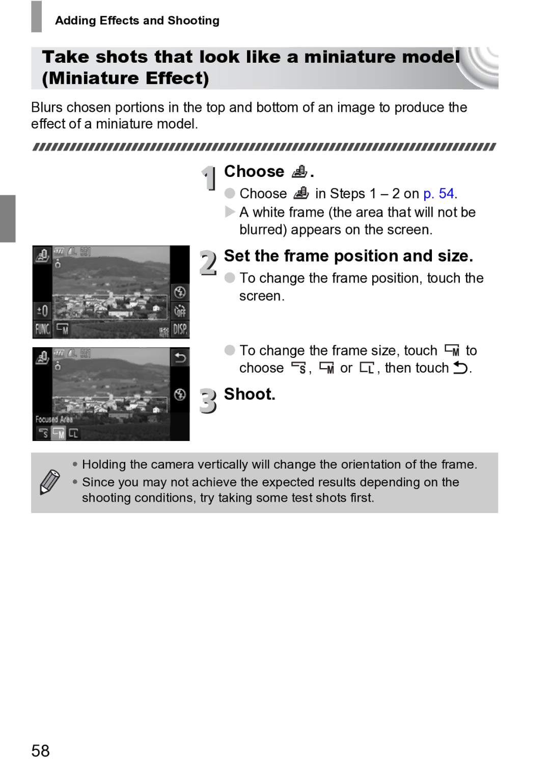 Canon 210 Set the frame position and size, To change the frame position, touch the screen, Adding Effects and Shooting 