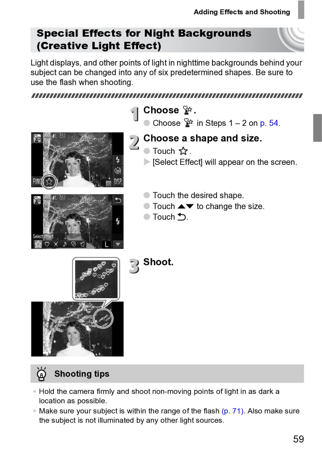 Canon 210 manual Special Effects for Night Backgrounds Creative Light Effect, Choose a shape and size, Shooting tips 