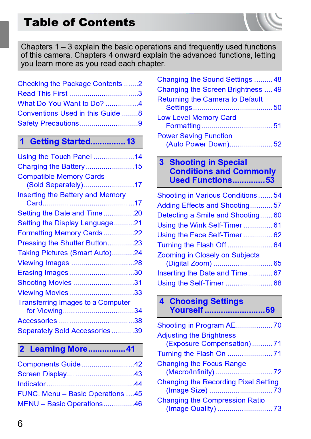 Canon 210 manual Table of Contents 