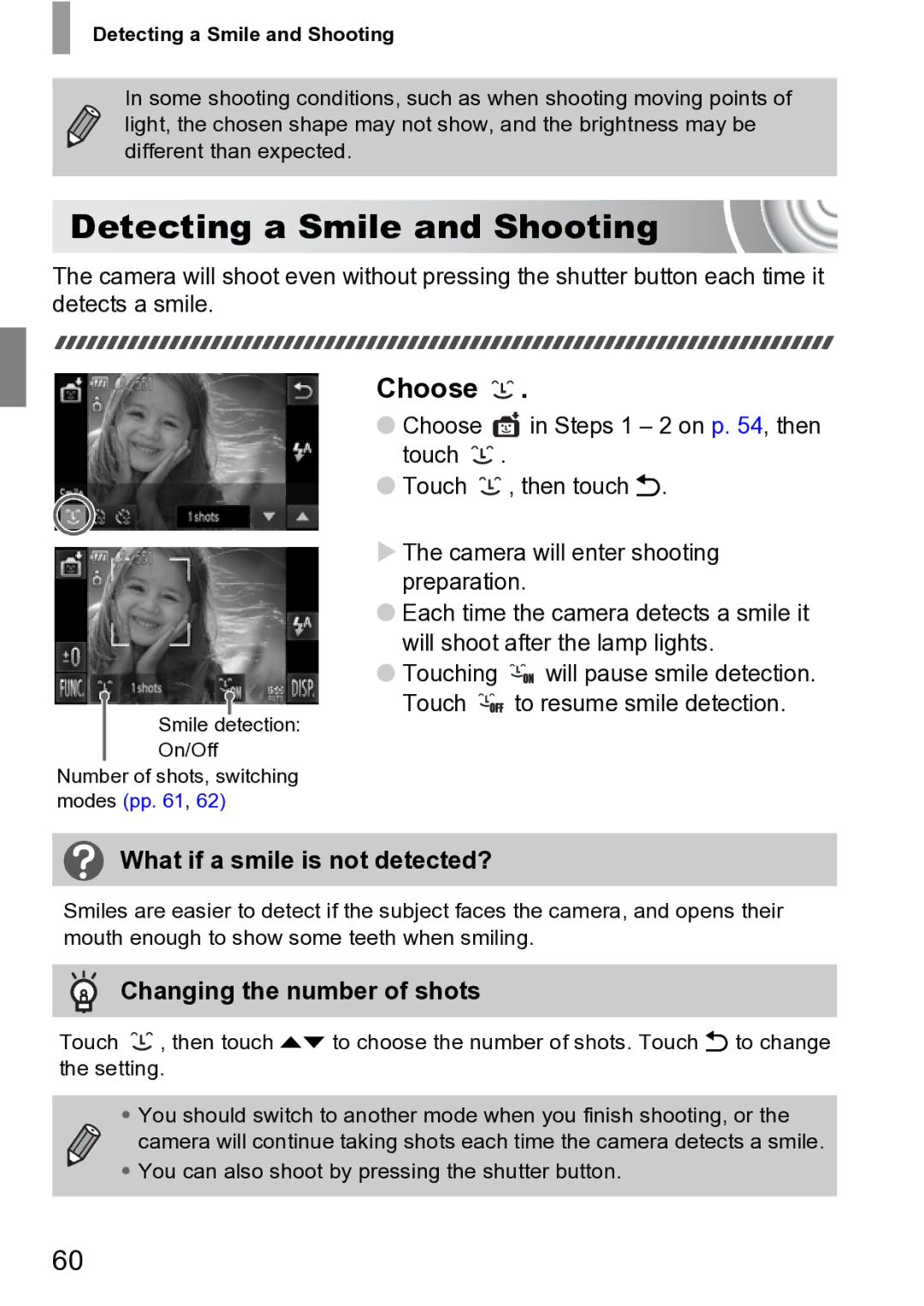 Canon 210 manual Detecting a Smile and Shooting, What if a smile is not detected?, Changing the number of shots 