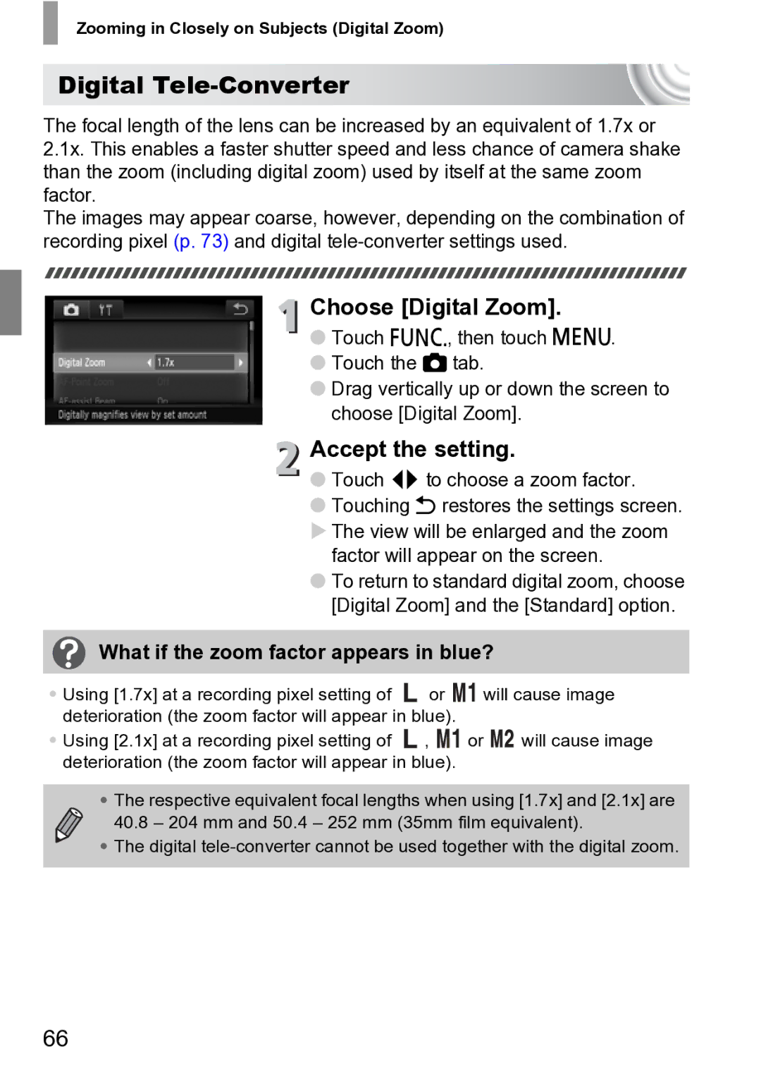 Canon 210 manual Digital Tele-Converter, Choose Digital Zoom, Accept the setting, Touch qr to choose a zoom factor 