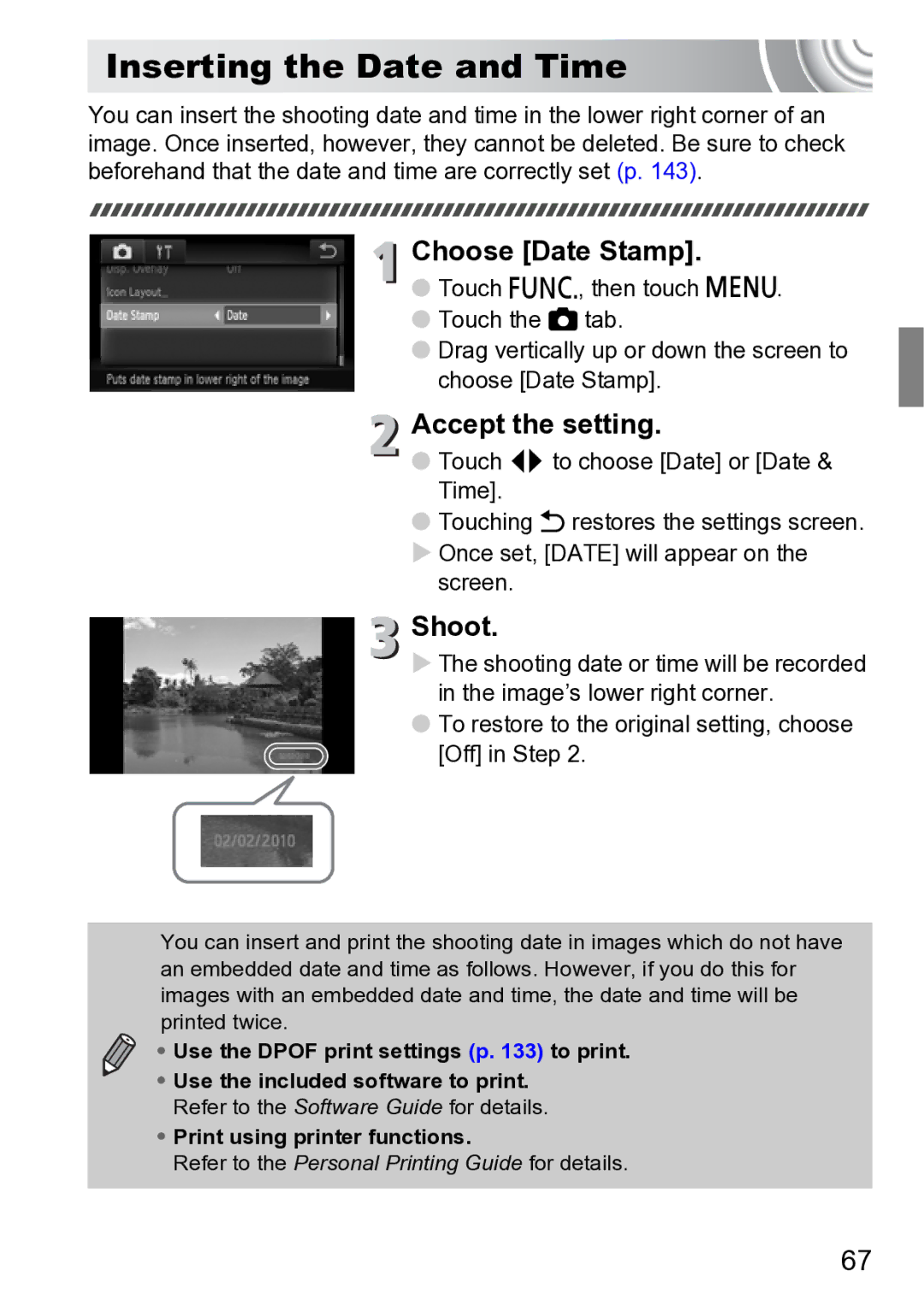 Canon 210 manual Inserting the Date and Time, Choose Date Stamp, To restore to the original setting, choose Off in Step 