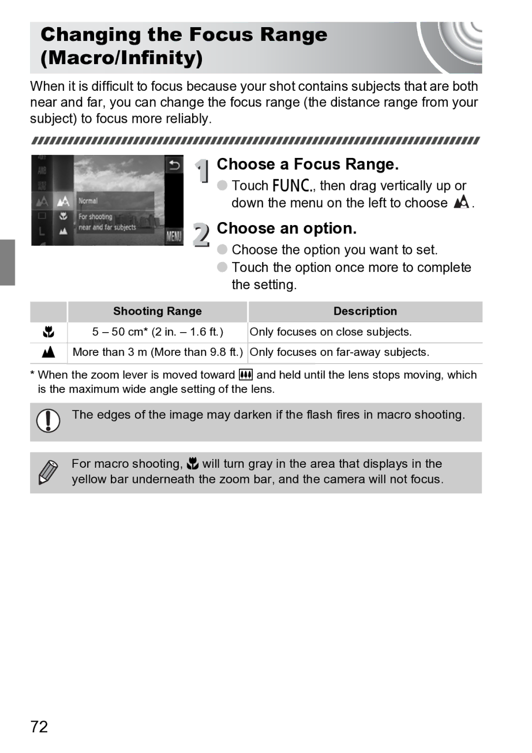 Canon 210 manual Changing the Focus Range Macro/Infinity, Choose a Focus Range, Shooting Range Description 