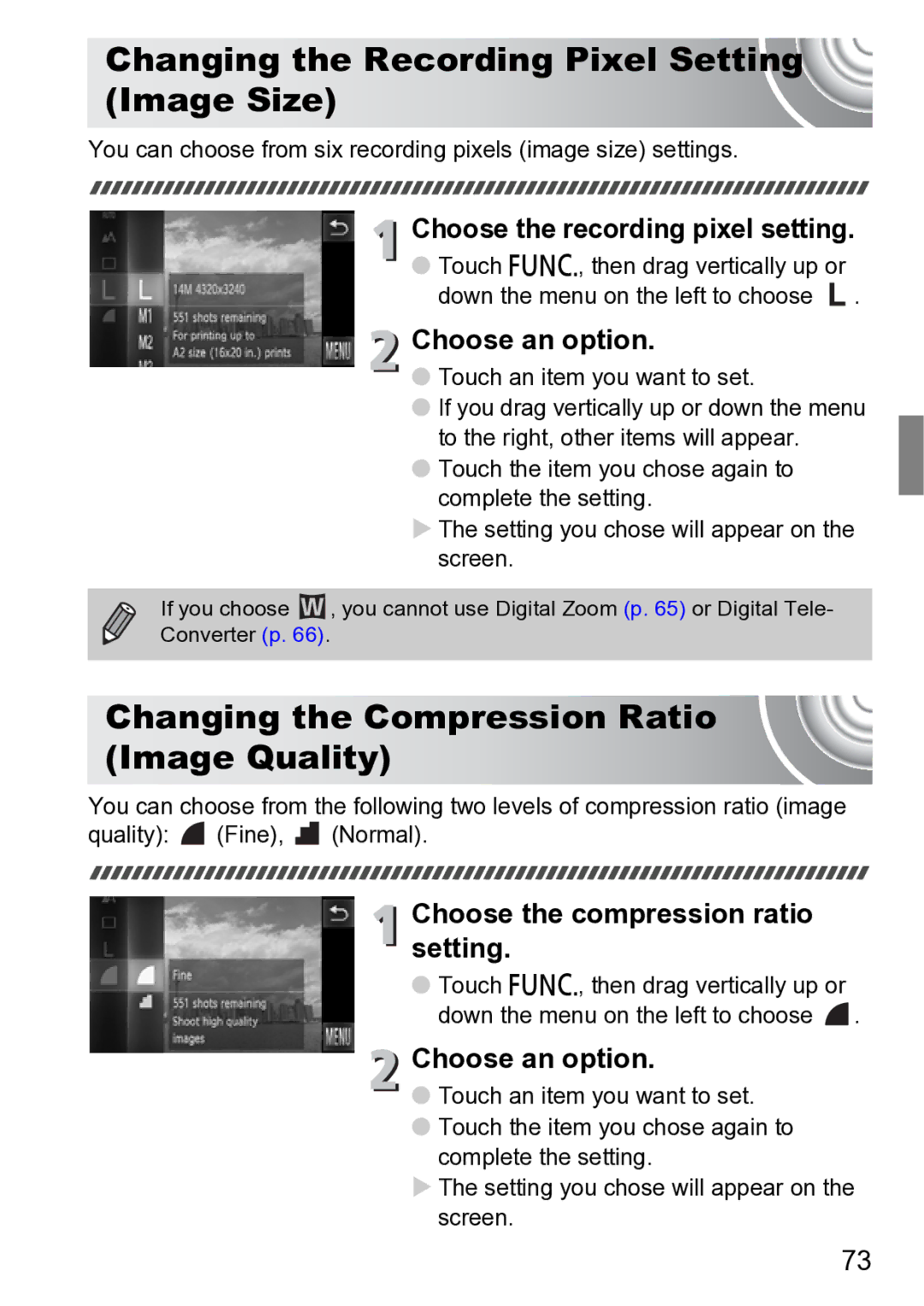 Canon 210 manual Changing the Recording Pixel Setting Image Size, Changing the Compression Ratio Image Quality 