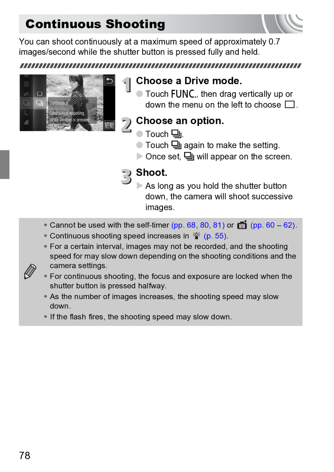 Canon 210 manual Continuous Shooting, Choose a Drive mode 