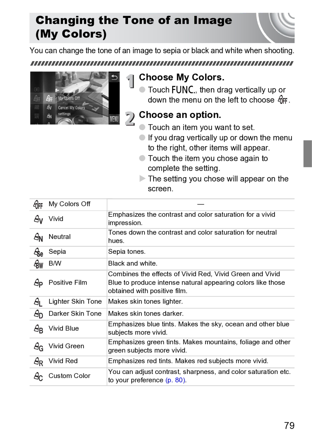 Canon 210 manual Changing the Tone of an Image My Colors, Choose My Colors 