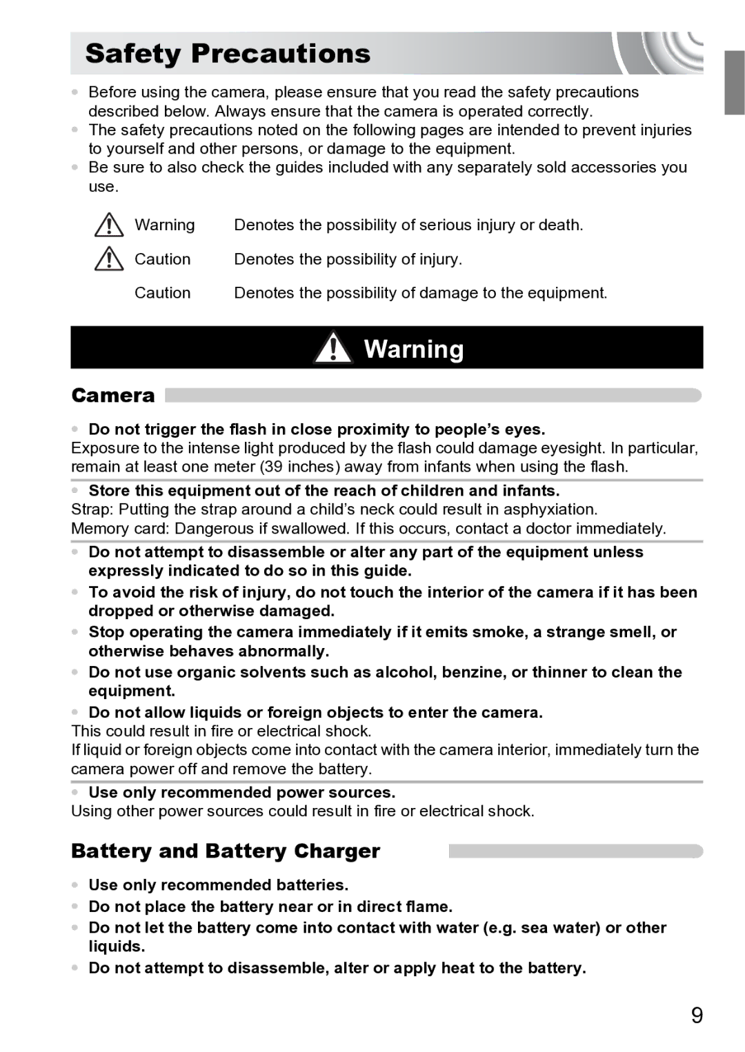 Canon 210 manual Safety Precautions, Camera, Battery and Battery Charger, Use only recommended power sources 