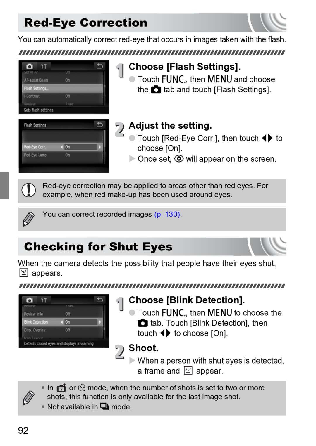 Canon 210 Red-Eye Correction, Checking for Shut Eyes, Choose Flash Settings, Adjust the setting, Choose Blink Detection 