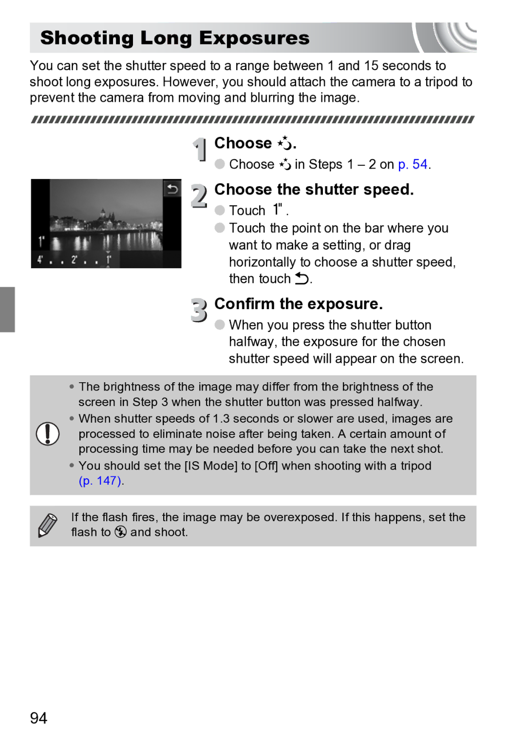 Canon 210 manual Shooting Long Exposures, Choose the shutter speed, Confirm the exposure, Choose ≈ in Steps 1 2 on p 