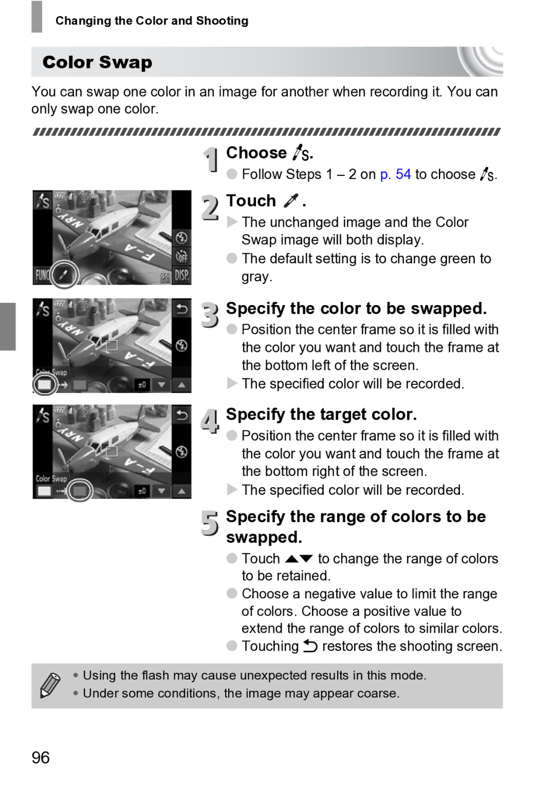 Canon 210 manual Color Swap, Choose Y, Specify the color to be swapped, Specify the target color 