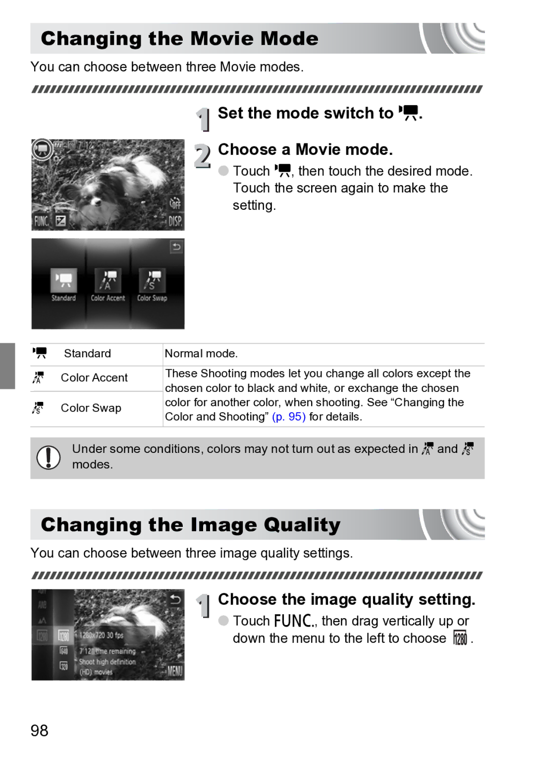 Canon 210 manual Changing the Movie Mode, Changing the Image Quality, Set the mode switch to E Choose a Movie mode 