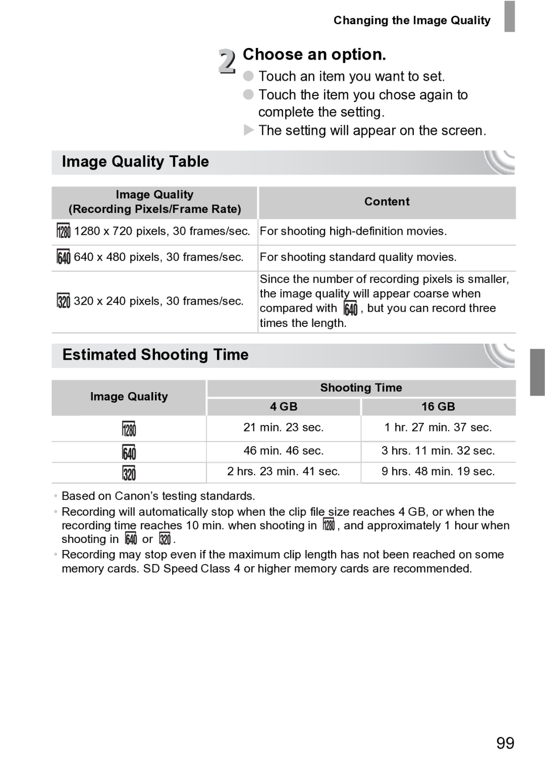 Canon 210 manual Image Quality Table, Estimated Shooting Time, Changing the Image Quality, Image Quality Shooting Time 