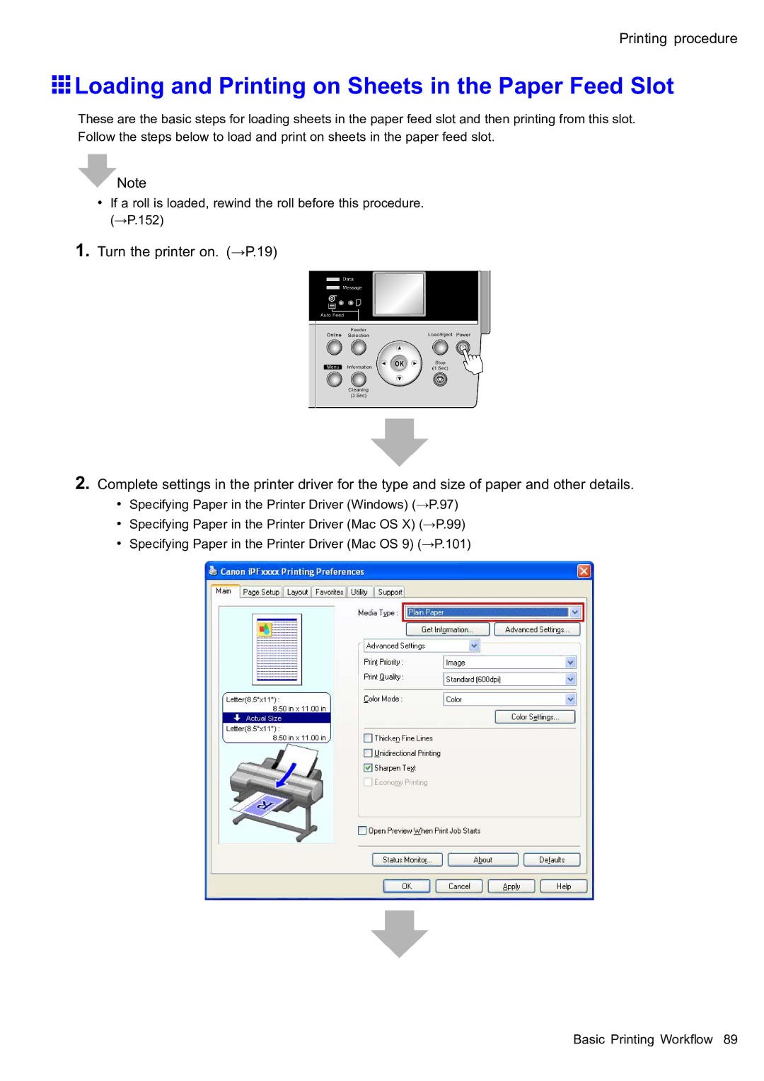 Canon 2159B002 user manual Loading and Printing on Sheets in the Paper Feed Slot 