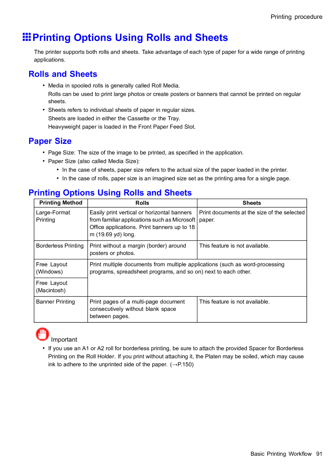 Canon 2159B002 user manual Printing Options Using Rolls and Sheets, Paper Size, Printing Method Rolls Sheets 