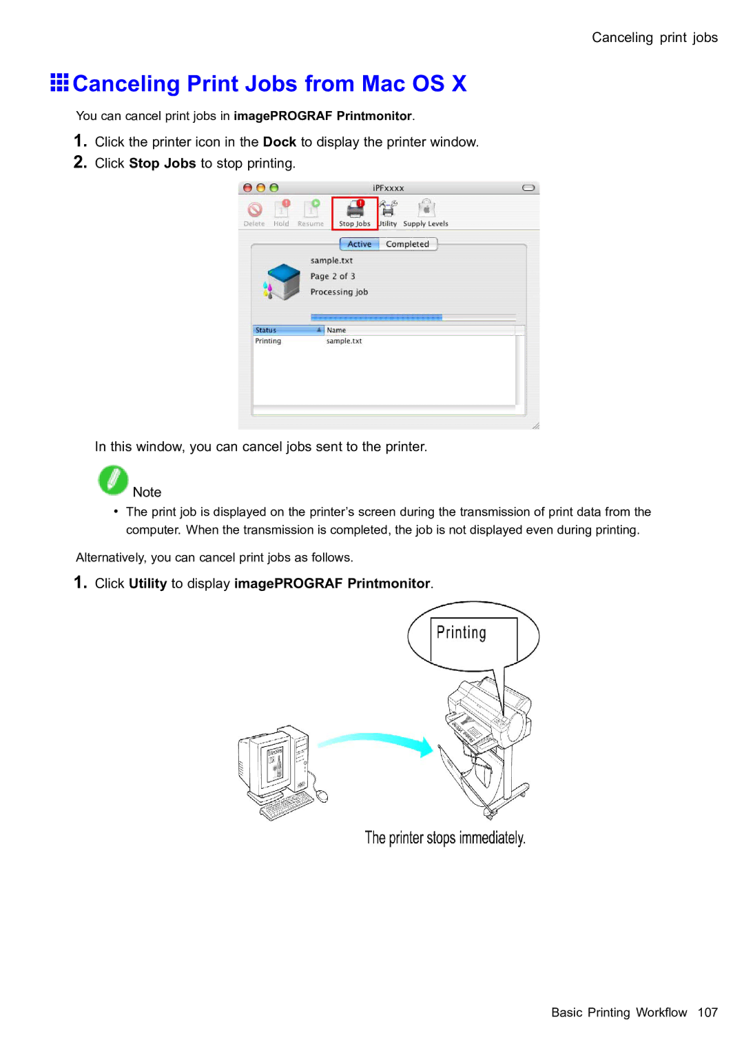 Canon 2159B002 user manual Canceling Print Jobs from Mac OS, Click Utility to display imagePROGRAF Printmonitor 