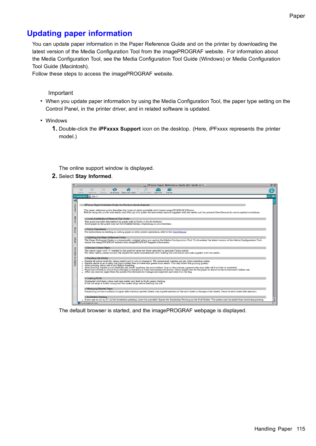 Canon 2159B002 user manual Updating paper information, Select Stay Informed 