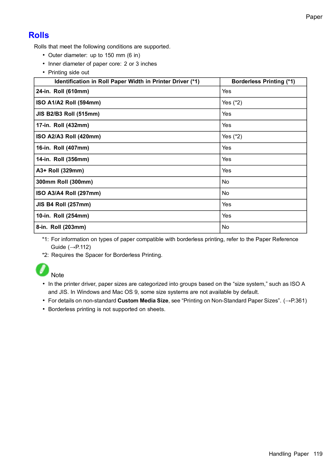 Canon 2159B002 user manual Rolls that meet the following conditions are supported 