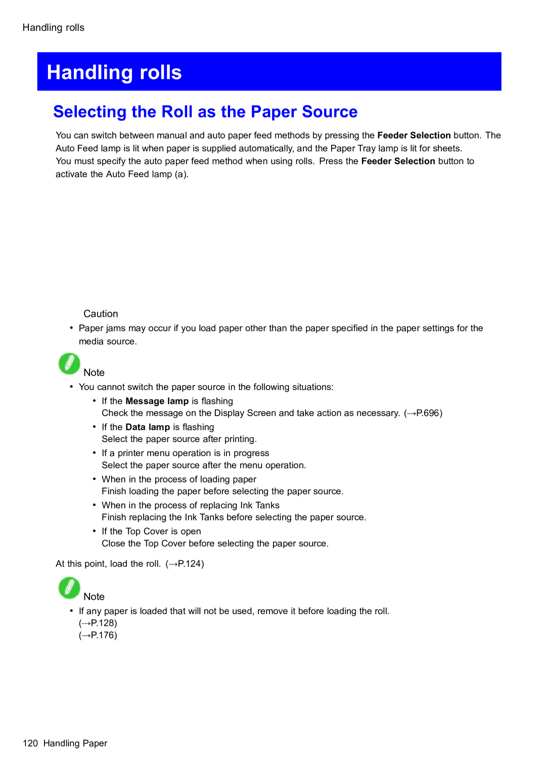 Canon 2159B002 user manual Handling rolls, Selecting the Roll as the Paper Source 