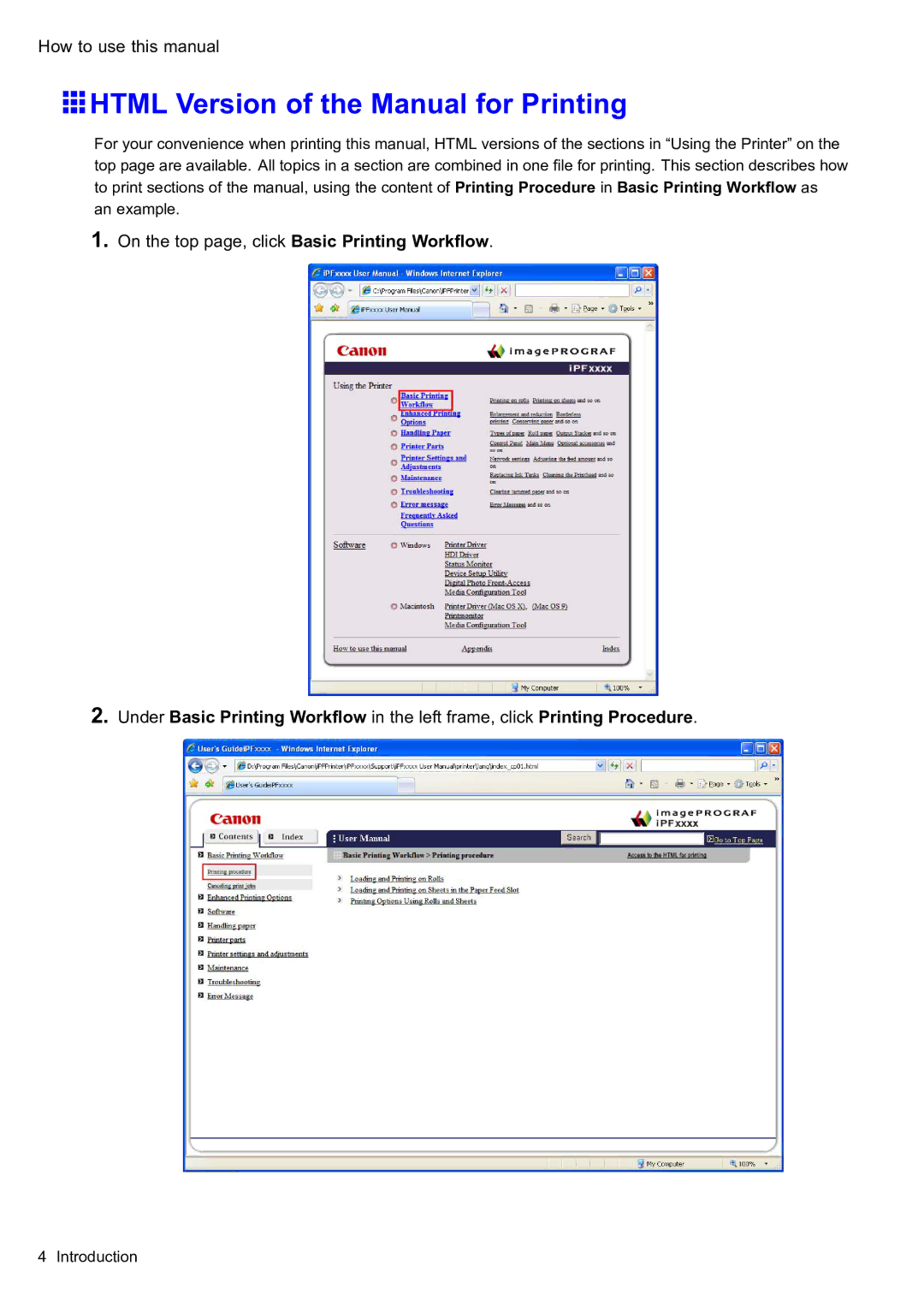 Canon 2159B002 user manual Html Version of the Manual for Printing, On the top page, click Basic Printing Workow 