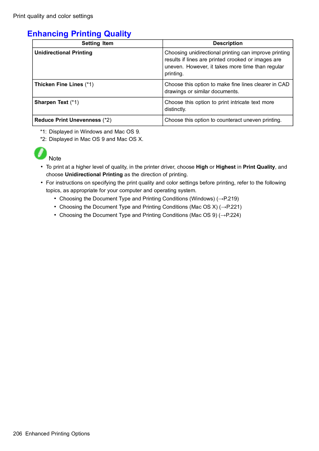 Canon 2159B002 Enhancing Printing Quality, Setting Item Description Unidirectional Printing, Thicken Fine Lines *1 