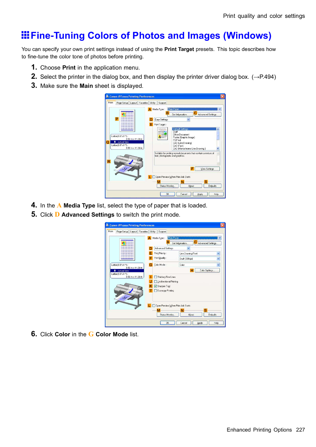 Canon 2159B002 user manual Fine-Tuning Colors of Photos and Images Windows, Print quality and color settings 