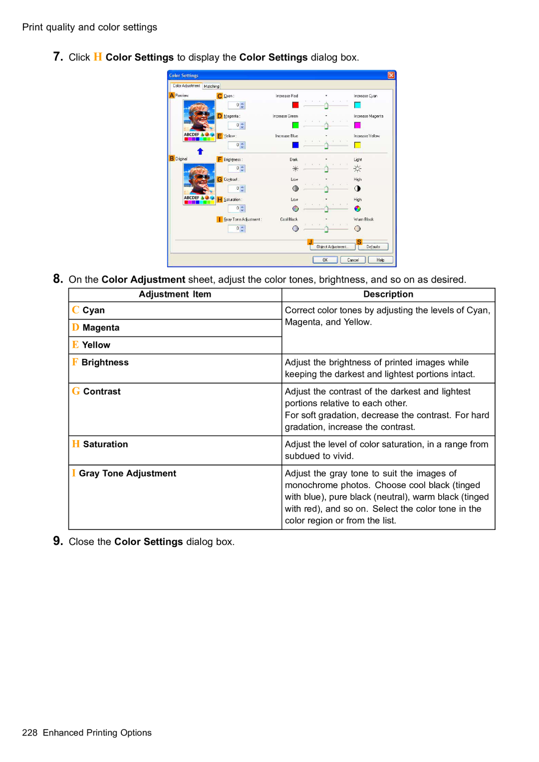 Canon 2159B002 user manual Close the Color Settings dialog box, Yellow Brightness 