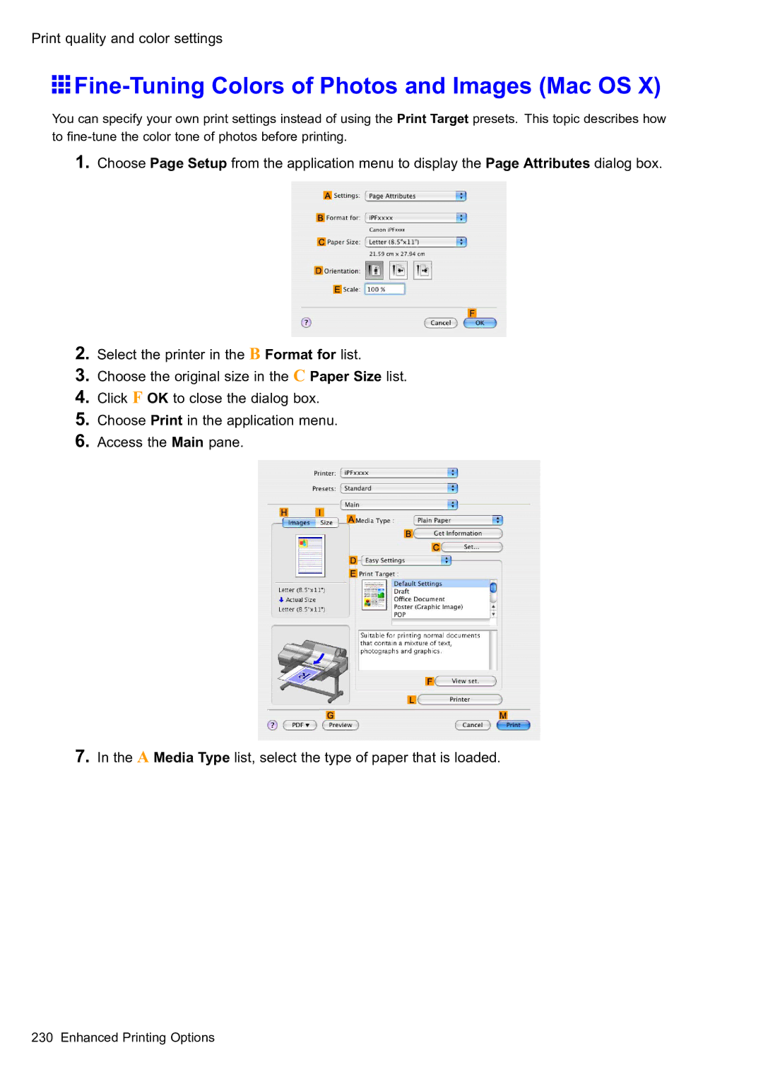 Canon 2159B002 user manual Fine-Tuning Colors of Photos and Images Mac OS, Print quality and color settings 