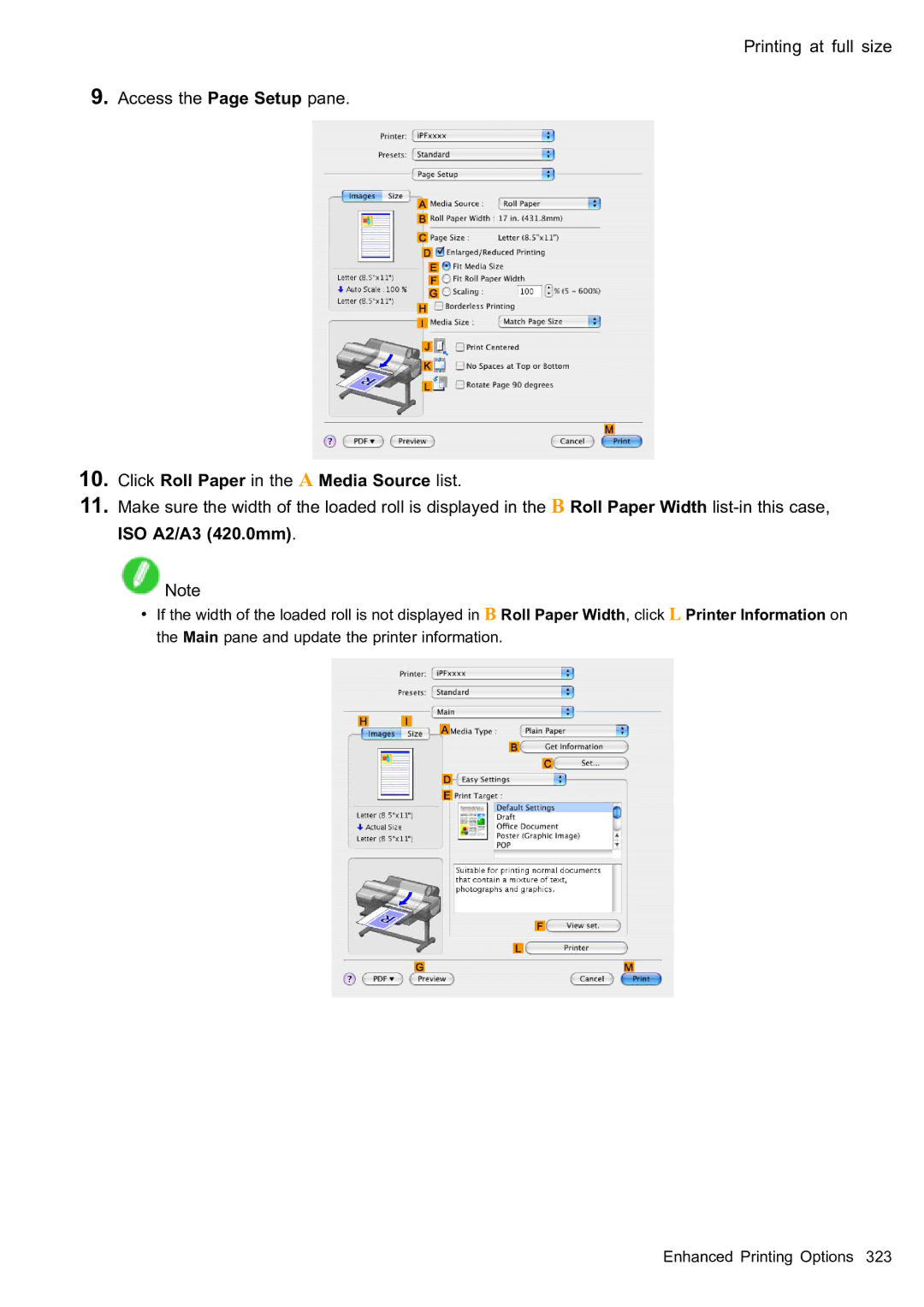 Canon 2159B002 user manual Printing at full size Access the Page Setup pane, Click Roll Paper in the a Media Source list 