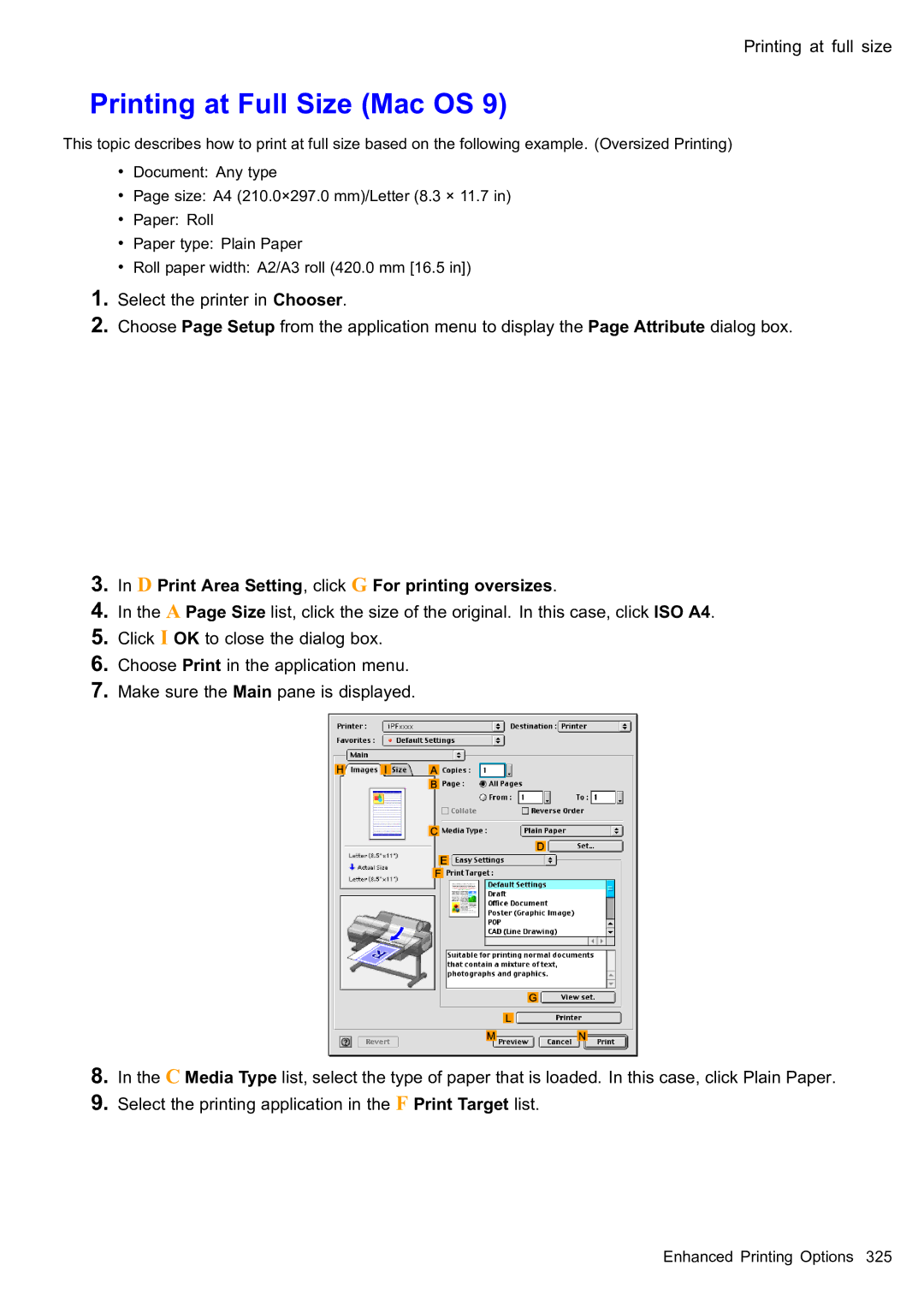 Canon 2159B002 user manual Printing at Full Size Mac OS, D Print Area Setting, click G For printing oversizes 