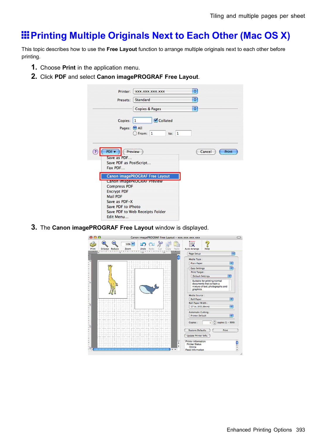 Canon 2159B002 Printing Multiple Originals Next to Each Other Mac OS, Canon imagePROGRAF Free Layout window is displayed 