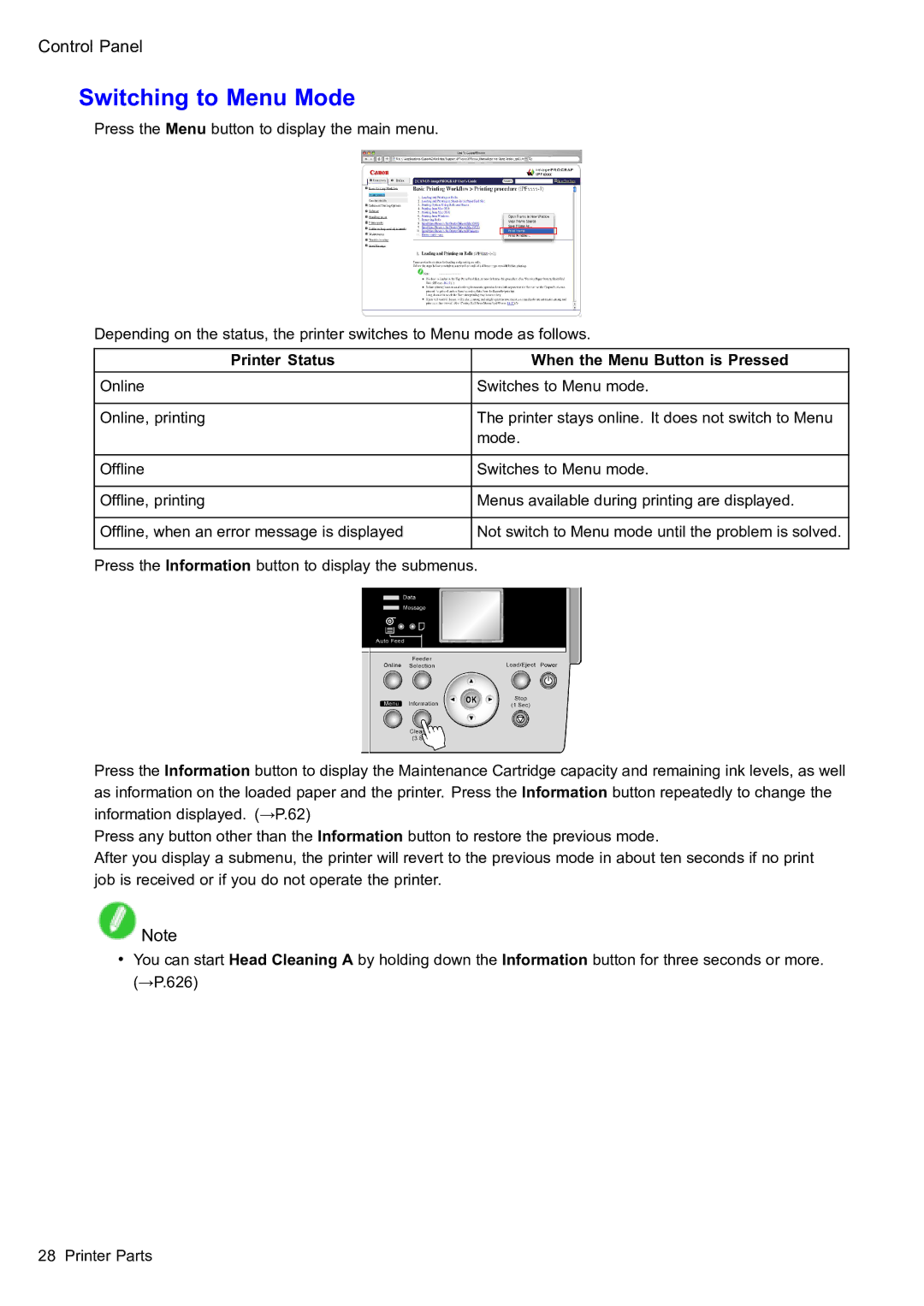 Canon 2159B002 user manual Switching to Menu Mode, Printer Status When the Menu Button is Pressed 