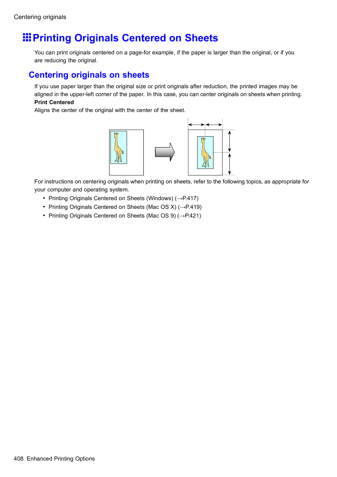 Canon 2159B002 user manual Printing Originals Centered on Sheets, Centering originals on sheets 