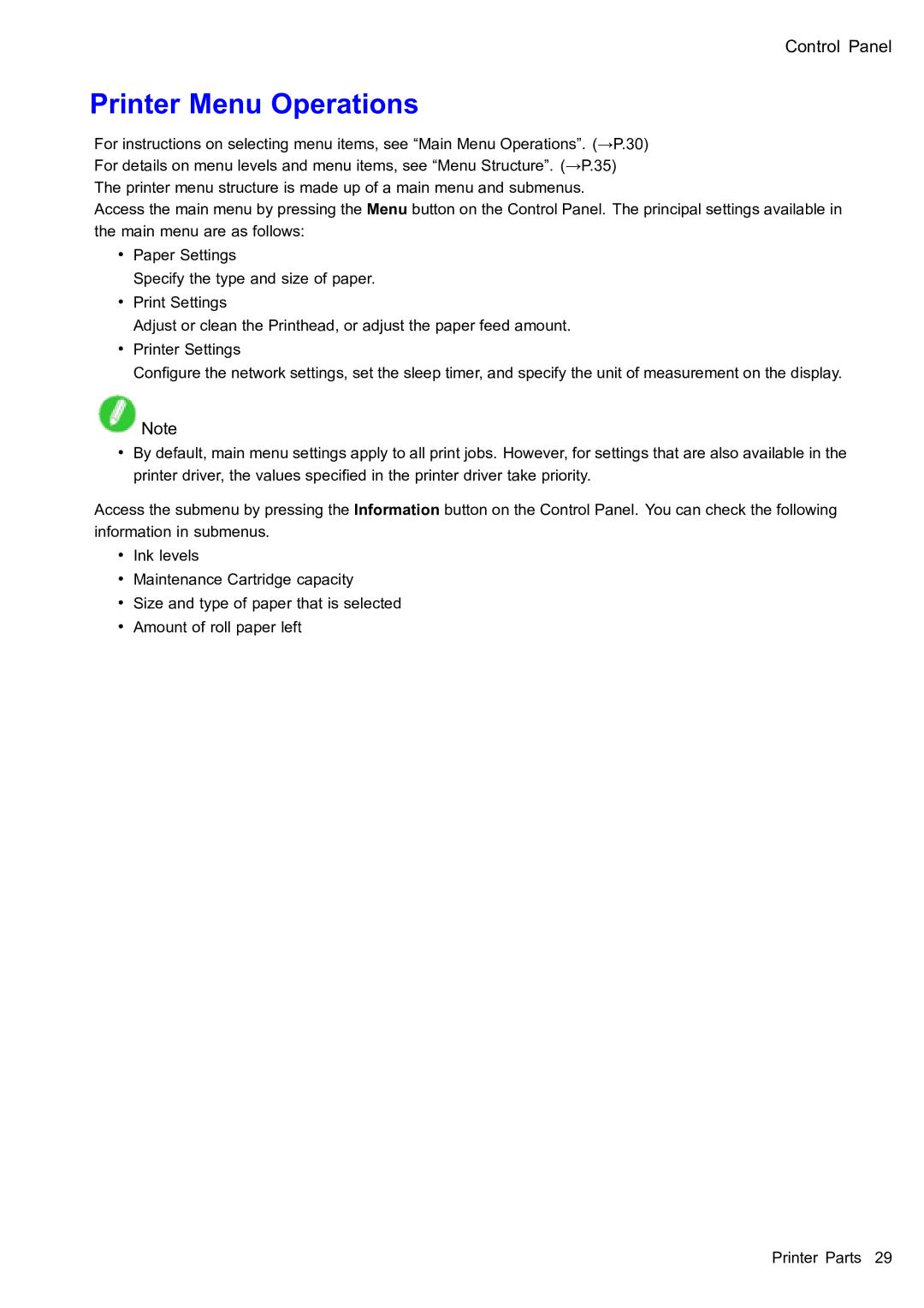 Canon 2159B002 user manual Printer Menu Operations 