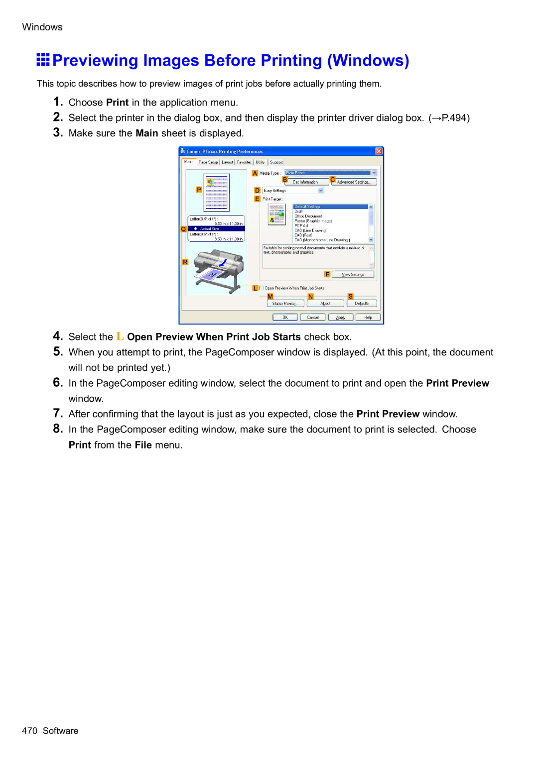 Canon 2159B002 Previewing Images Before Printing Windows, Select the L Open Preview When Print Job Starts check box 