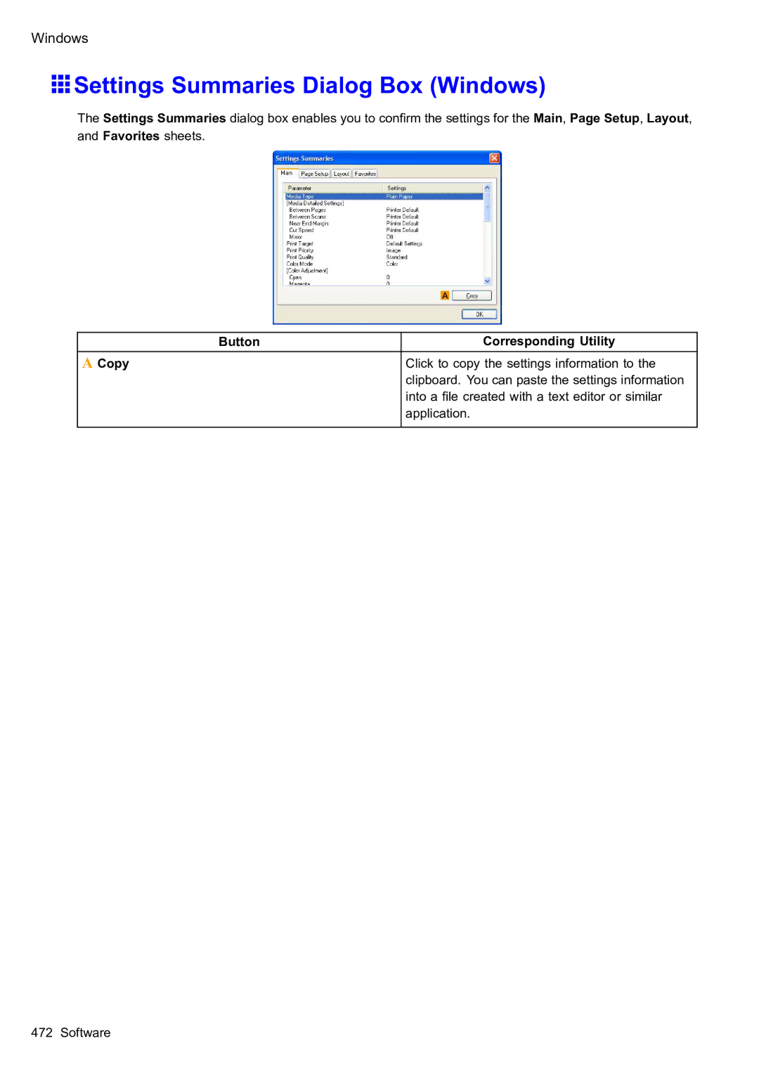 Canon 2159B002 user manual Settings Summaries Dialog Box Windows, Button Corresponding Utility Copy 