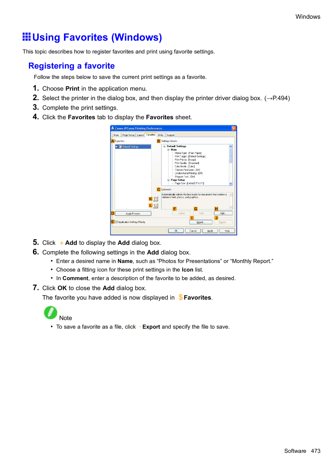 Canon 2159B002 user manual Using Favorites Windows, Registering a favorite 