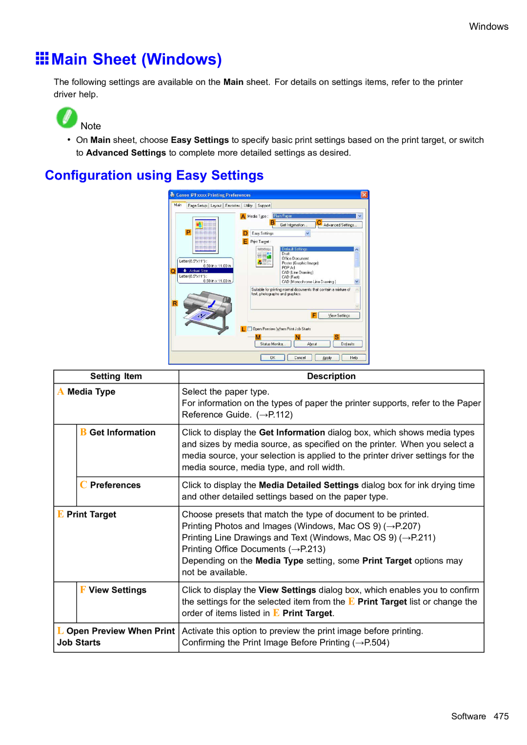 Canon 2159B002 user manual Main Sheet Windows, Conguration using Easy Settings 