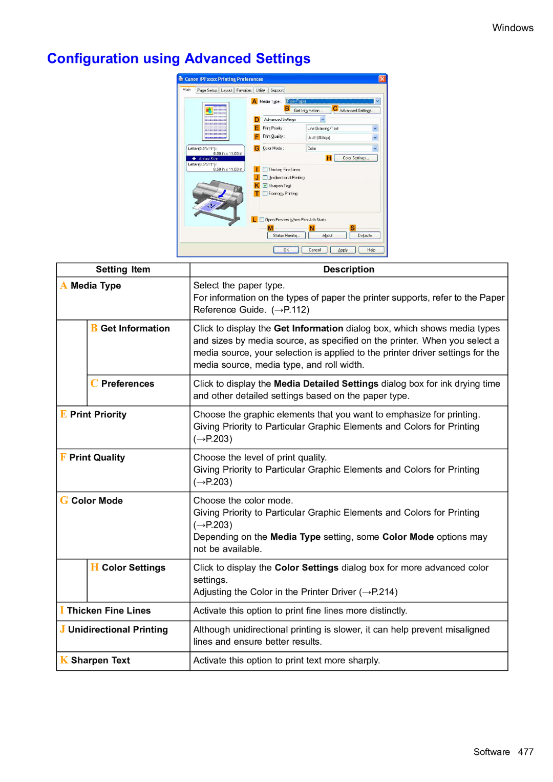 Canon 2159B002 user manual Conguration using Advanced Settings, Priority, Color Settings, Thicken Fine Lines, Sharpen Text 