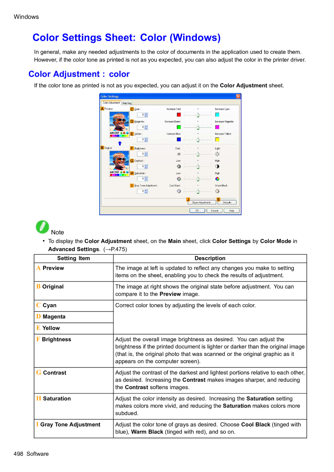 Canon 2159B002 user manual Color Settings Sheet Color Windows, Color Adjustment color, Original 