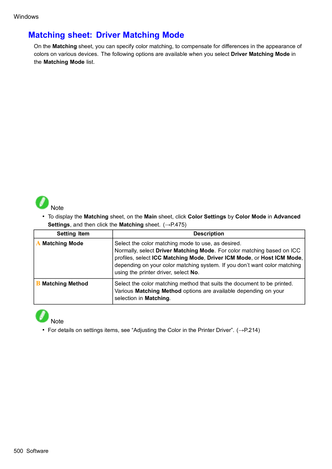 Canon 2159B002 user manual Matching sheet Driver Matching Mode, Matching Method 