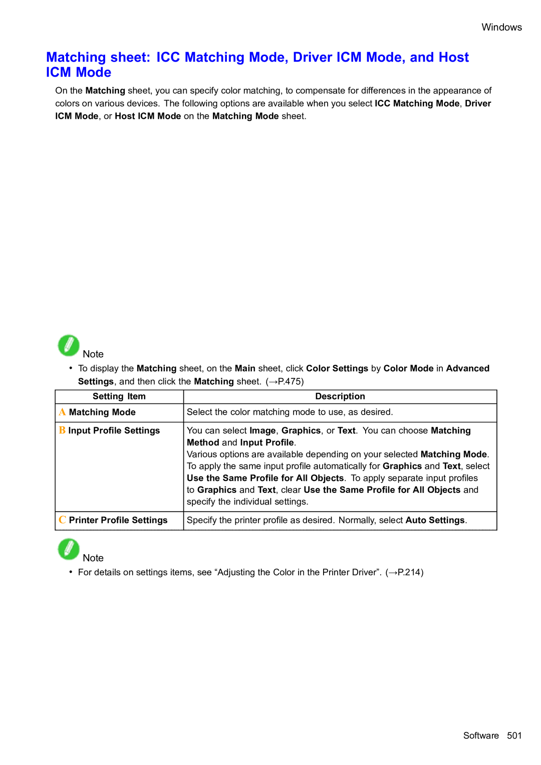 Canon 2159B002 user manual Setting Item Description Matching Mode, Input Prole Settings, Method and Input Prole 